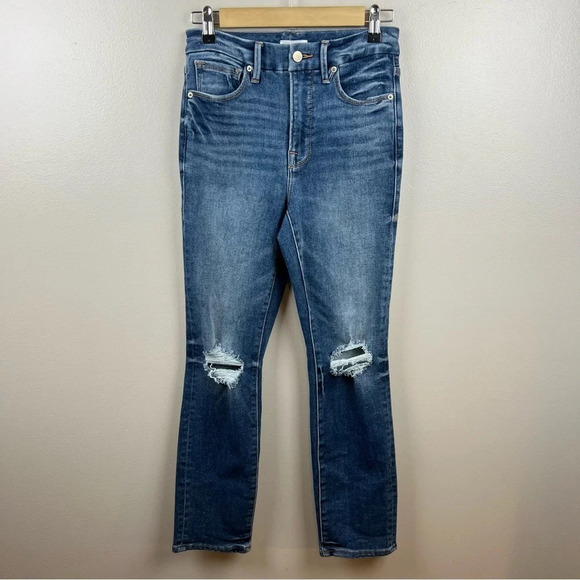 Good American Good Legs Crop Jeans Size 2/26 High Rise Stretch Distressed Blue - Picture 1 of 10